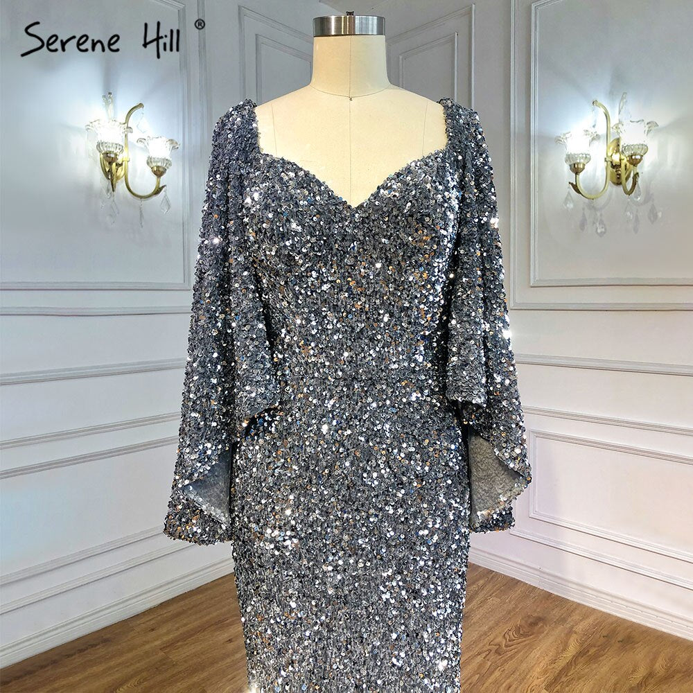 Serene Hill Grey Sliver Luxury Evening Dresses Gowns 2025 Elegant Sexy Flared Sleeves For Woman Party LA71178 - SERENE HILL