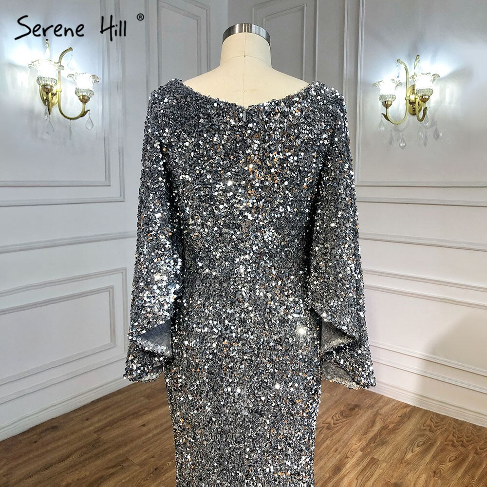 Serene Hill Grey Sliver Luxury Evening Dresses Gowns 2025 Elegant Sexy Flared Sleeves For Woman Party LA71178 - SERENE HILL
