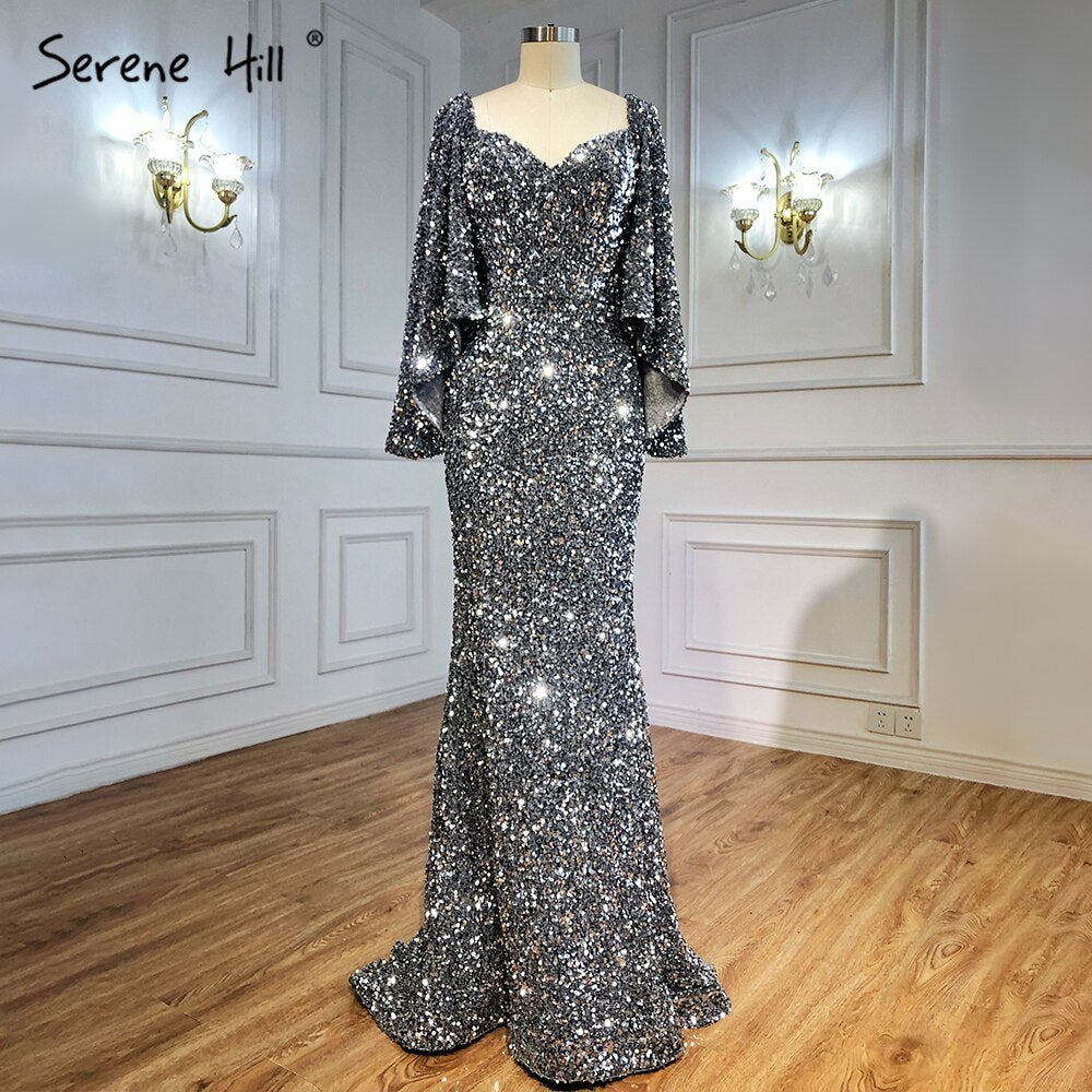 Serene Hill Grey Sliver Luxury Evening Dresses Gowns 2025 Elegant Sexy Flared Sleeves For Woman Party LA71178 - SERENE HILL