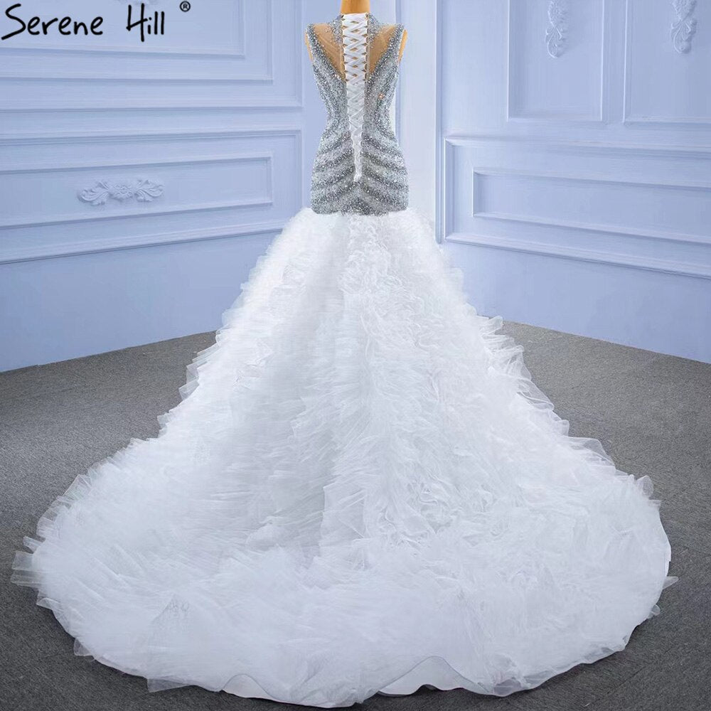 Serene Hill Grey White Mermaid Wedding Dresses 2025 Luxury Beaded Ruffles Elegant Bride Gowns HM67295 Custom Made - SERENE HILL