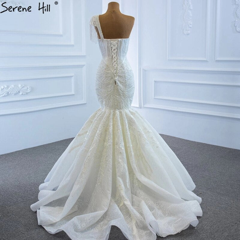 Serene Hill Ivory Mermaid Vintage Wedding Dresses 2025 One Shoulder Beading Lace Sexy High-end Bridal Gown HM67187 - SERENE HILL