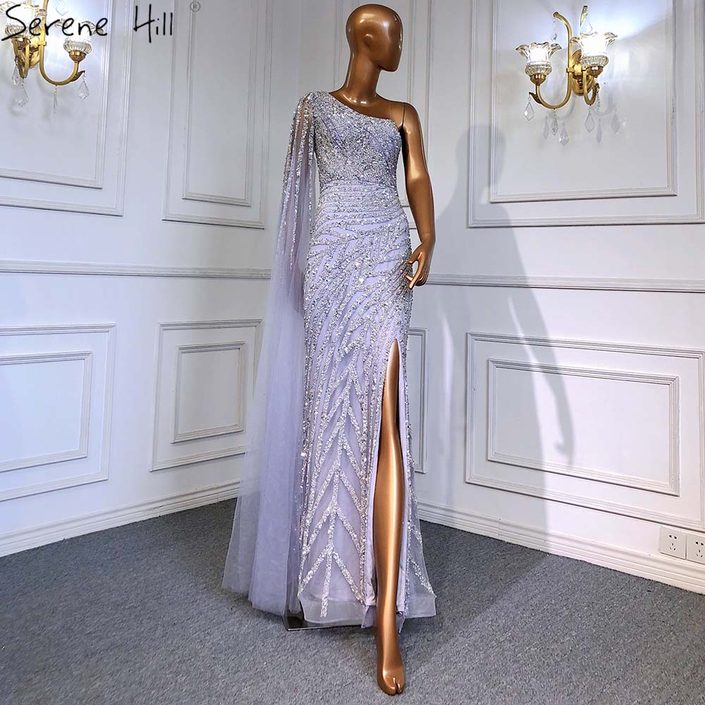 Serene Hill Lilac High Split Mermaid Elegant Sexy One Shoulder Evening Dresses Gowns Luxury Beaded 2025 For Women Party LA71493 - SERENE HILL