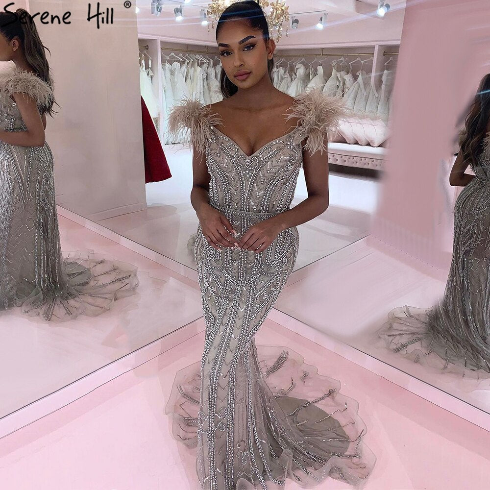 Lilac Luxury Beaded Mermaid Evening Dress Gown with Feathers LA70830 - SERENE HILL