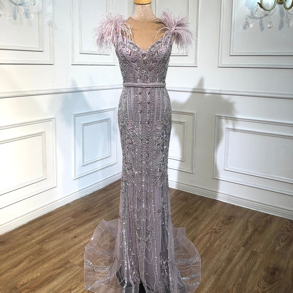 Lilac Luxury Beaded Mermaid Evening Dress Gown with Feathers LA70830 - SERENE HILL