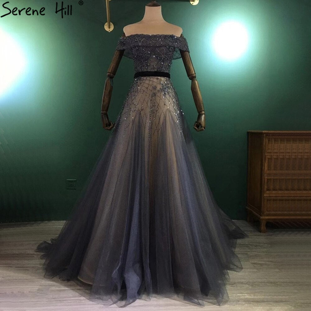 Serene Hill Luxury Blue A-Line Evening Dresses Gowns 2025 Beaded Bling Off Shoulder For Women Party LA71192 - SERENE HILL