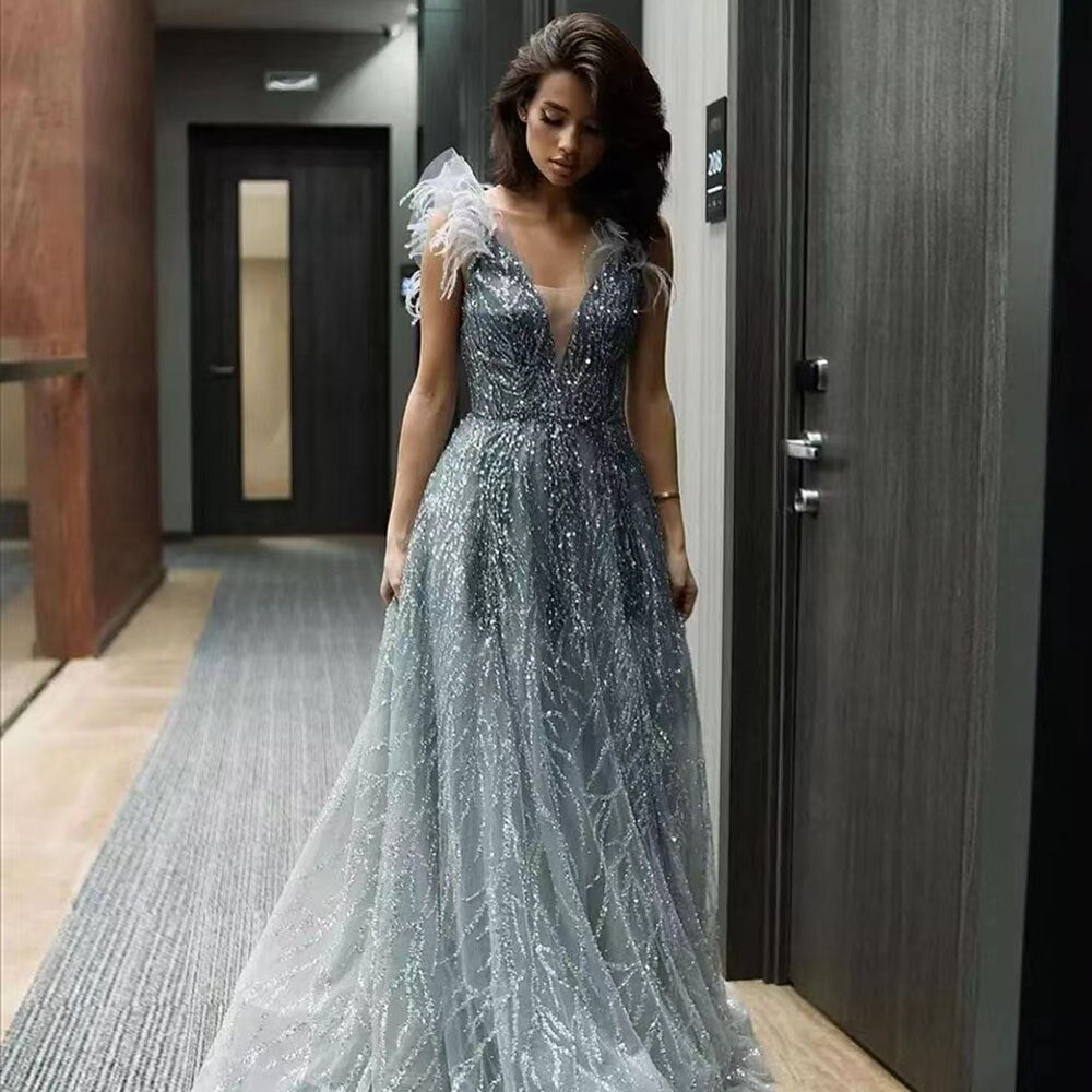 Serene Hill Luxury Dubai Feathers Evening Dresses 2025 Sexy V-Neck Beaded Blue Long Formal Party Gowns For Women Wedding LA71805 - SERENE HILL