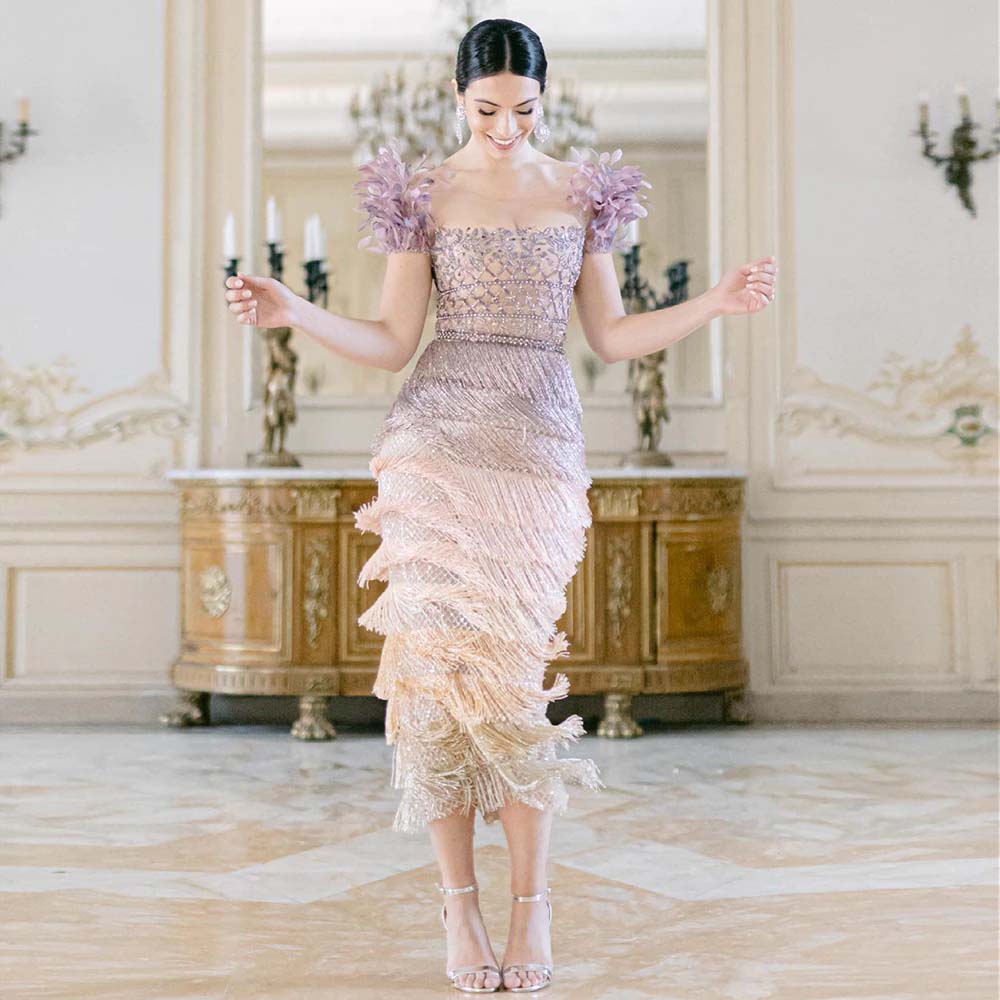 Luxury Feathers Tassel Lilac Dubai Evening Dresses LA72004 - SERENE HILL