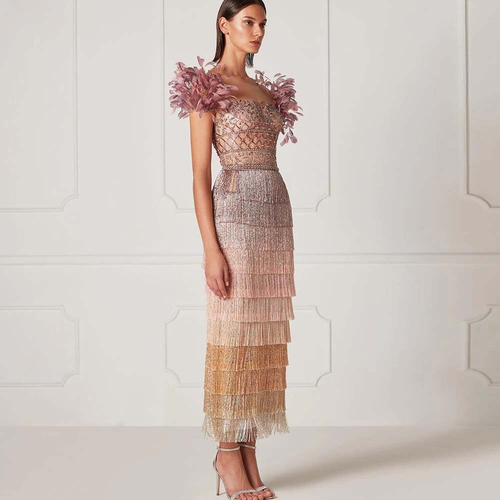 Luxury Feathers Tassel Lilac Dubai Evening Dresses LA72004 - SERENE HILL