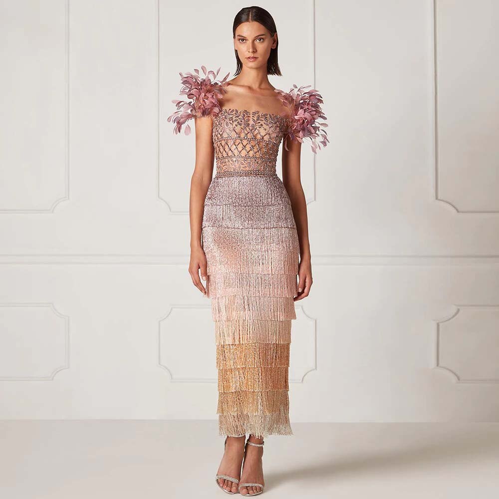 Luxury Feathers Tassel Lilac Dubai Evening Dresses LA72004 - SERENE HILL