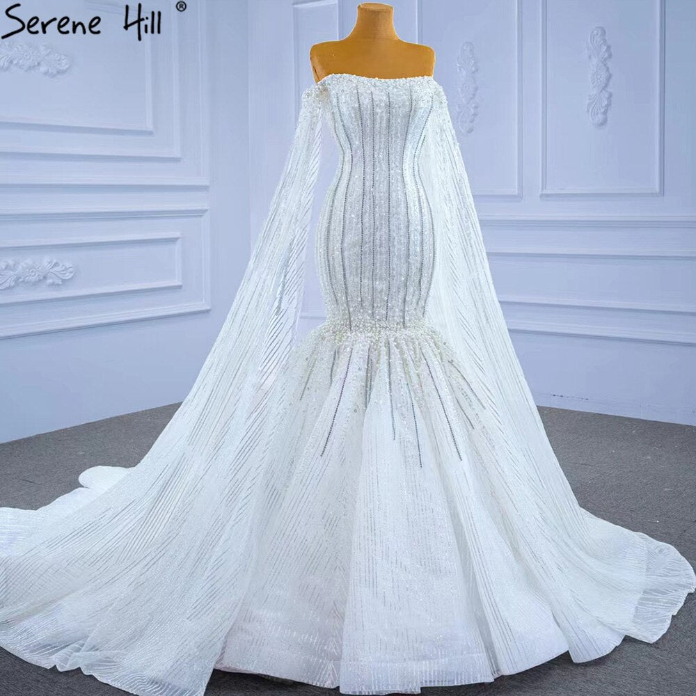 Serene Hill Luxury Mermaid White Wedding Dresses 2025 Cape Sleeves Beaded Pearls Bride Gowns HM67278 Custom Made - SERENE HILL