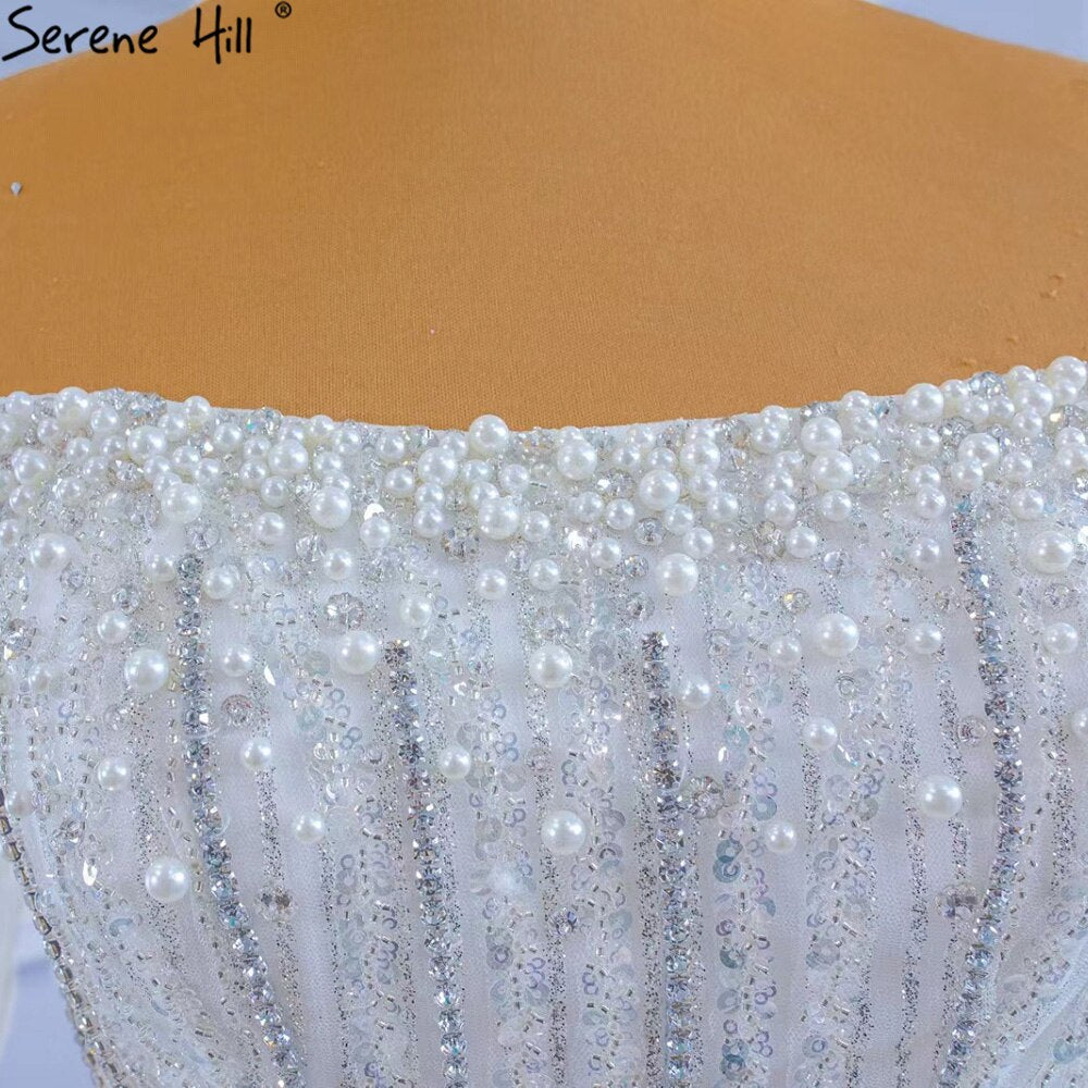 Serene Hill Luxury Mermaid White Wedding Dresses 2025 Cape Sleeves Beaded Pearls Bride Gowns HM67278 Custom Made - SERENE HILL
