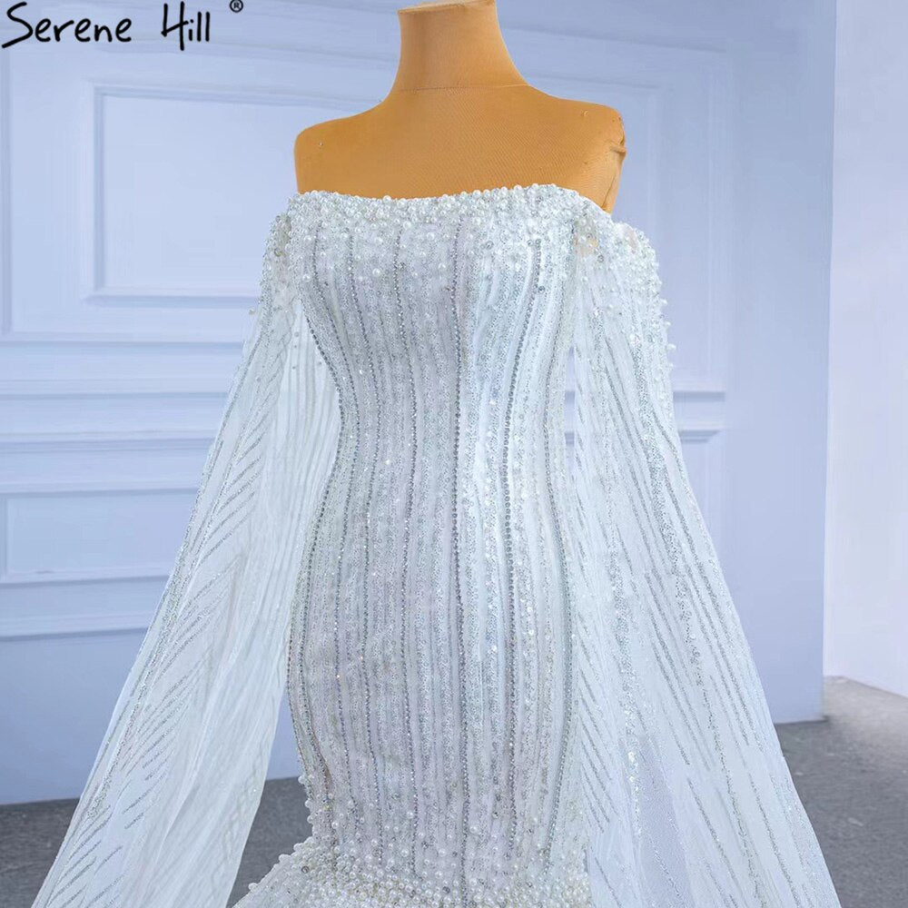 Serene Hill Luxury Mermaid White Wedding Dresses 2025 Cape Sleeves Beaded Pearls Bride Gowns HM67278 Custom Made - SERENE HILL