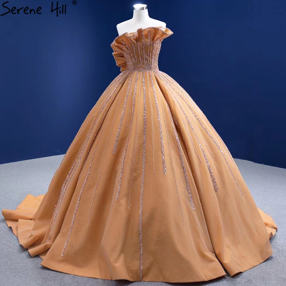 Serene Hill Luxury Sleeveless Gold Wedding Dresses 2025 Satin High-end Gold / 8 / 50cm