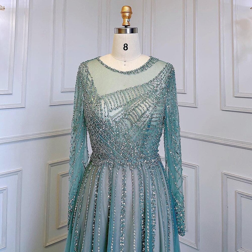 Serene Hill Luxury Turquoise Nude A-Line Evening Dresses Gowns Long Sleeves Beaded Elegant 2025 For Women Party LA71659 - SERENE HILL
