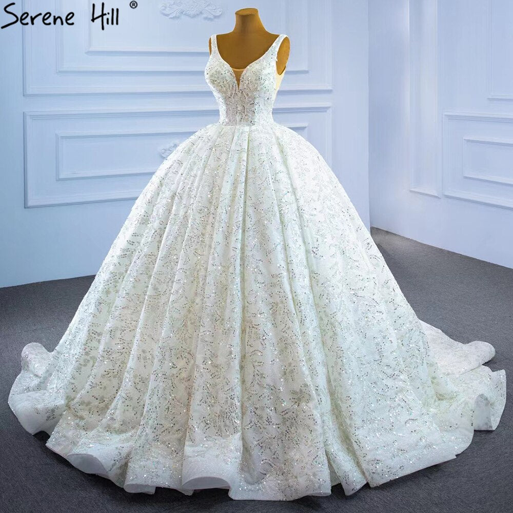 Serene Hill Luxury White Beading Wedding Dresses Gowns 2025 Sparkle Sleeveless Ball Gown Bridal Dress HM67254 Custom Made - SERENE HILL