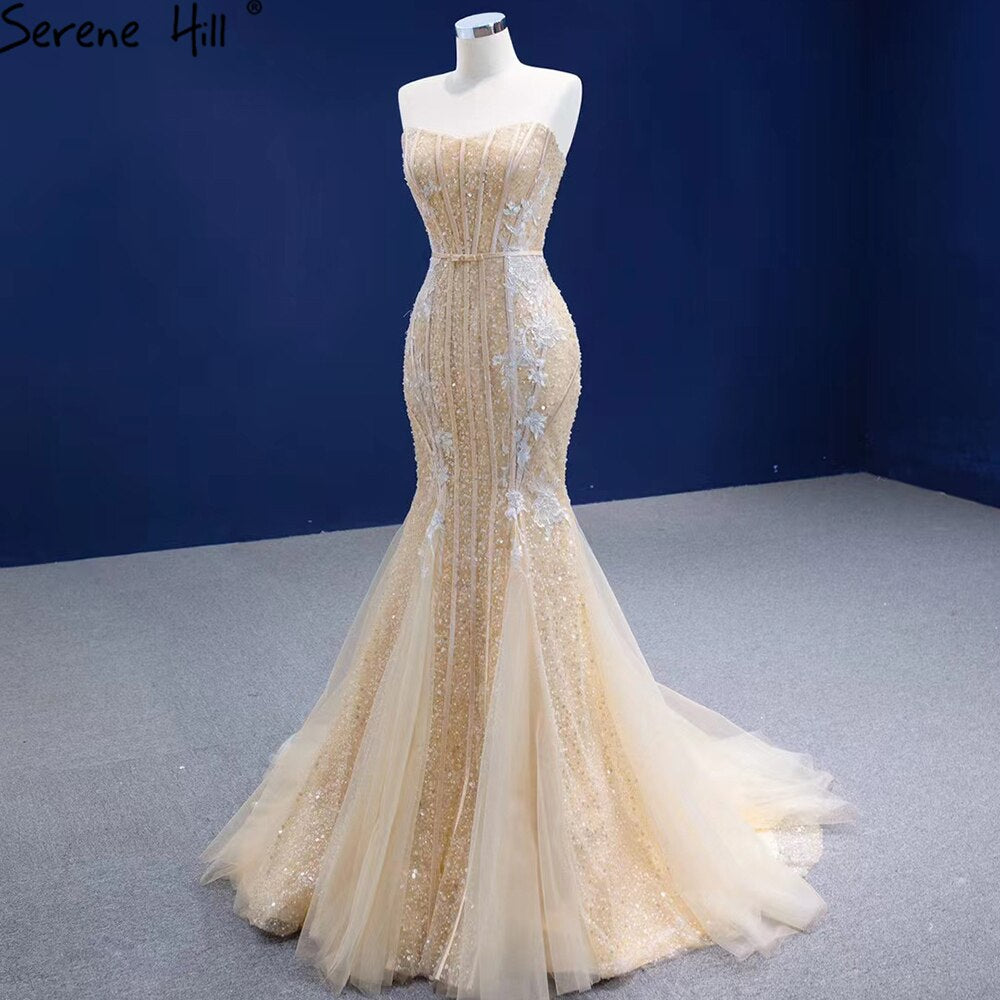 Serene Hill Mermaid Champagne Luxury Evening Dresses Gowns 2025 Beaded Elegant Sexy For Women Party HM67339 - SERENE HILL