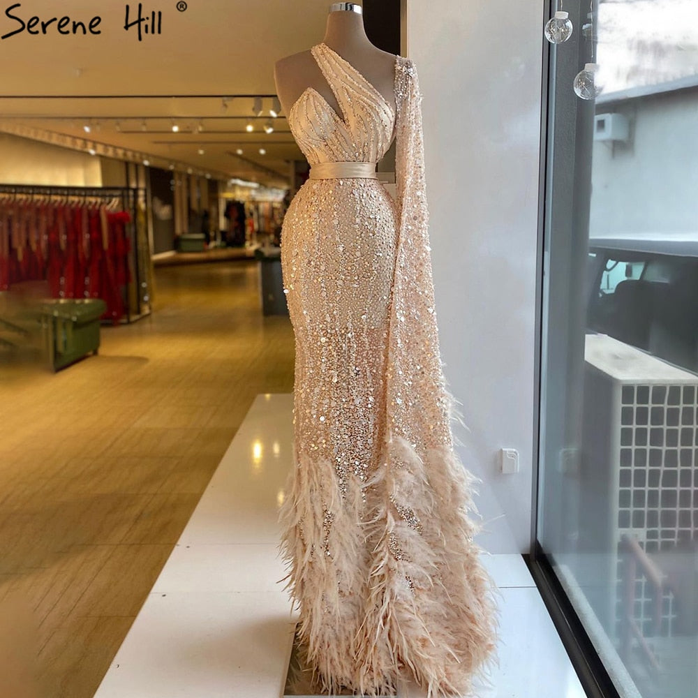 Elegant Nude One Shoulder Feather Beaded Mermaid Evening Dress LA71096 - SERENE HILL