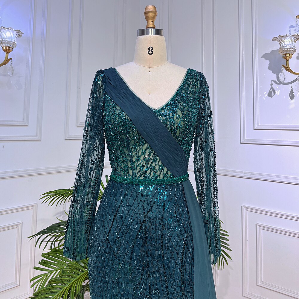 Serene Hill Mint Dubai Muslim Mermaid Puff Sleeves Overskirt Luxury Beaded Evening Dresses Gowns 2025 For Women Party LA72025 - SERENE HILL