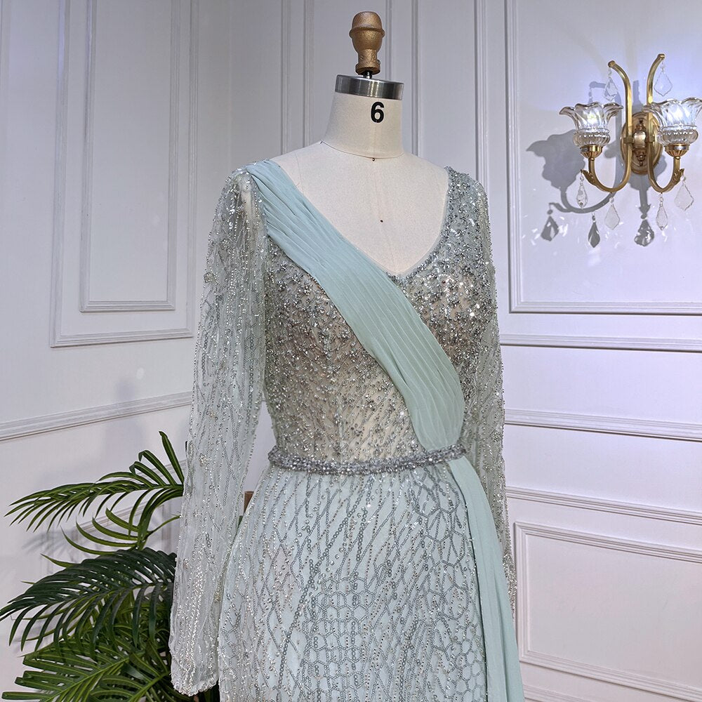 Serene Hill Mint Dubai Muslim Mermaid Puff Sleeves Overskirt Luxury Beaded Evening Dresses Gowns 2025 For Women Party LA72025 - SERENE HILL