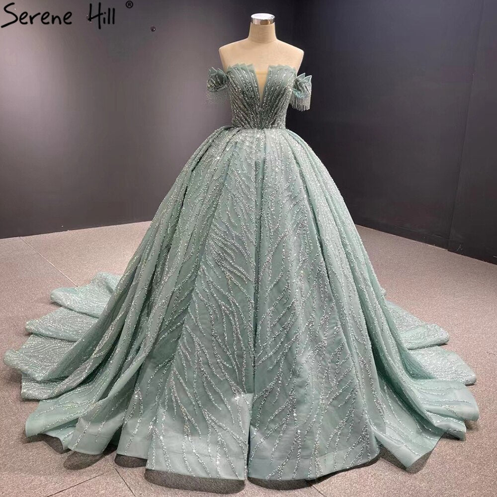 Serene Hill Mint Luxury Beaded Tassel Wedding Dresses 2025 High-end Lace Up Bridal Dress HM67411 Custom Made - SERENE HILL
