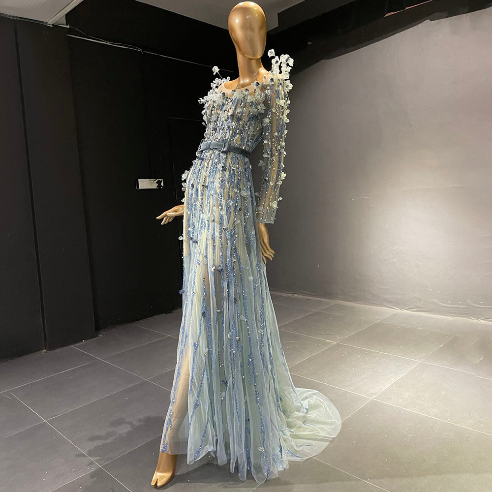 Serene Hill Moslim Blauw Luxe Avond Jurken 2025 Kralen A-lijn Voor Vrouwen Wedding Party LA71549 - SERENE HILL