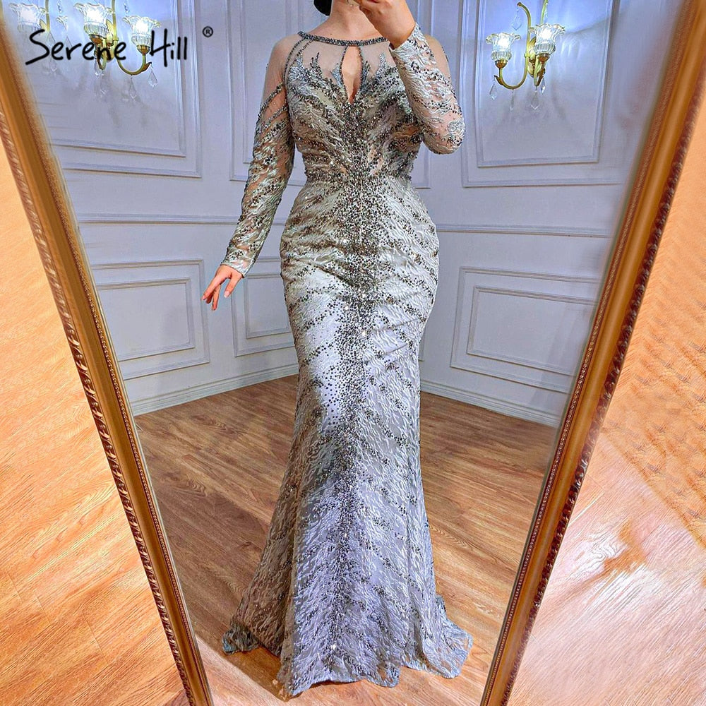 Serene Hill Musliim Grey Mermaid Evening Dresses 2025 Lace Beading Crystal Elegant For Women Party LA71131 - SERENE HILL