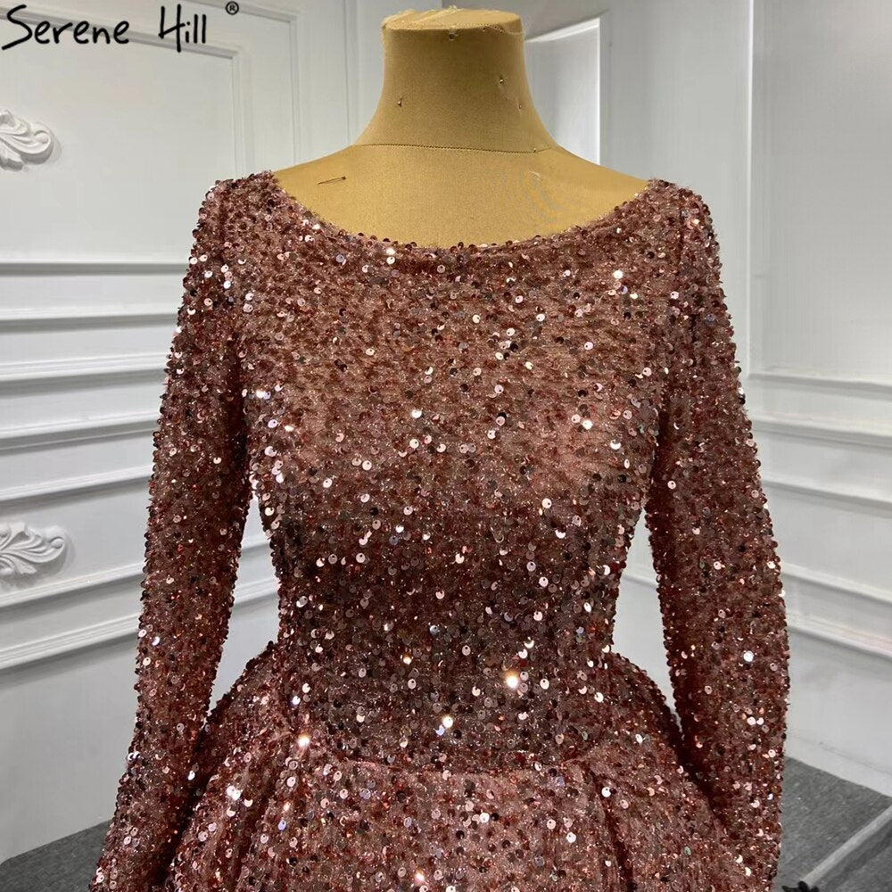 Serene Hill Muslim Bean Pink Gold Evening Dresses Gowns 2025 A-Line Luxury Sparkle For Women Party HM67124A - SERENE HILL