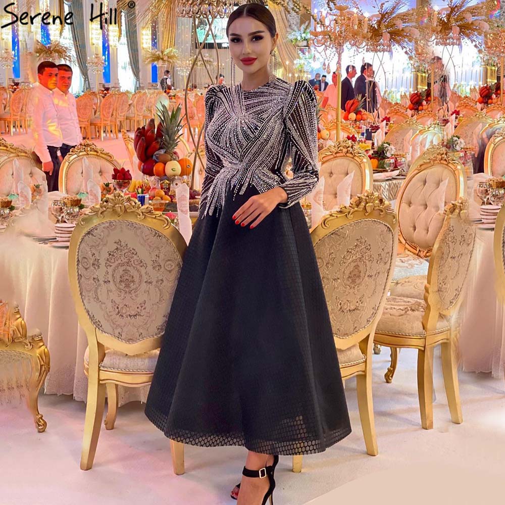 Serene Hill Muslim Black A-Line Luxury Beaded Ankle Length Evening Dresses Gowns 2025 For Women Party LA71290 Black floo Length / 2