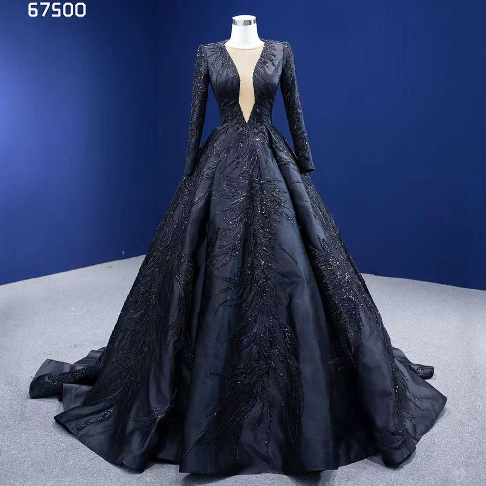 Serene Hill Muslim Black Luxury Lace Beaded Long Sleeves Wedding Dresses Bride Gowns Custom Made Ball Gown 2025 HM67500 - SERENE HILL