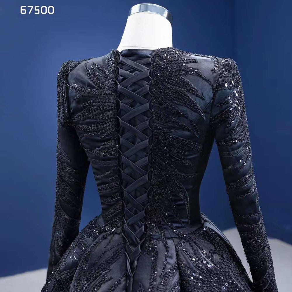 Serene Hill Muslim Black Luxury Lace Beaded Long Sleeves Wedding Dresses Bride Gowns Custom Made Ball Gown 2025 HM67500 - SERENE HILL