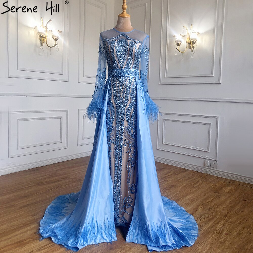 Serene Hill Muslim Blue Detachable Skirt Evening Dresses Gowns 2025 Feathers Beaded Mermaid Luxury For Women Party LA60932A - SERENE HILL