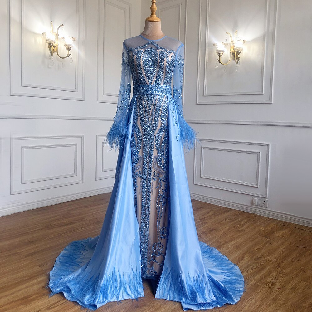 Serene Hill Muslim Blue Detachable Skirt Evening Dresses Gowns 2025 Feathers Beaded Mermaid Luxury For Women Party LA60932A - SERENE HILL