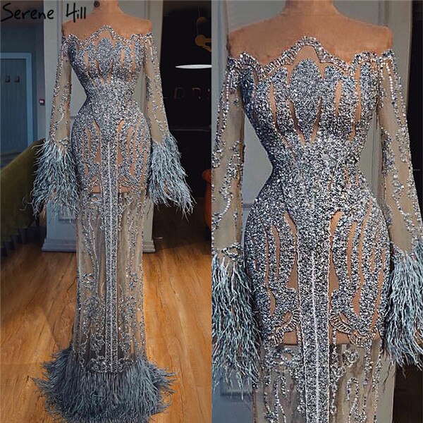 Serene Hill Muslim Blue Detachable Skirt Evening Dresses Gowns 2025 Feathers Beaded Mermaid Luxury For Women Party LA60932A - SERENE HILL
