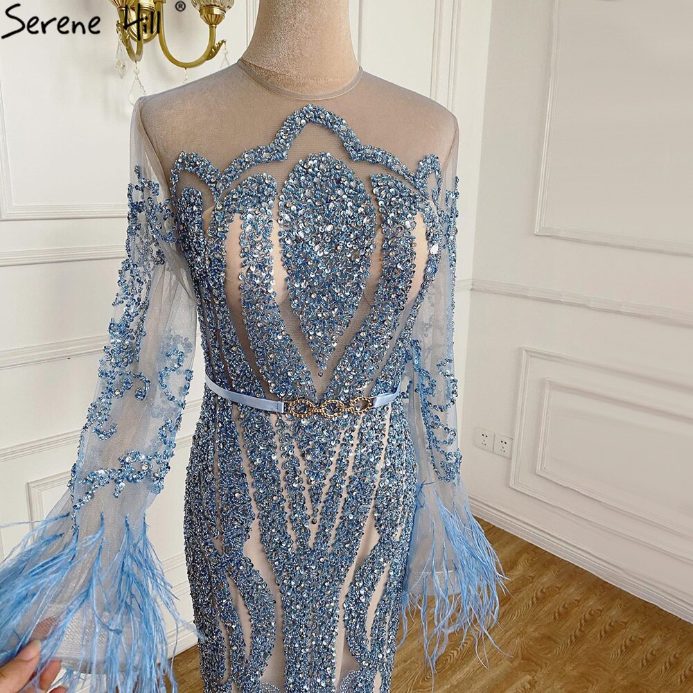 Serene Hill Muslim Blue Detachable Skirt Evening Dresses Gowns 2025 Feathers Beaded Mermaid Luxury For Women Party LA60932A - SERENE HILL