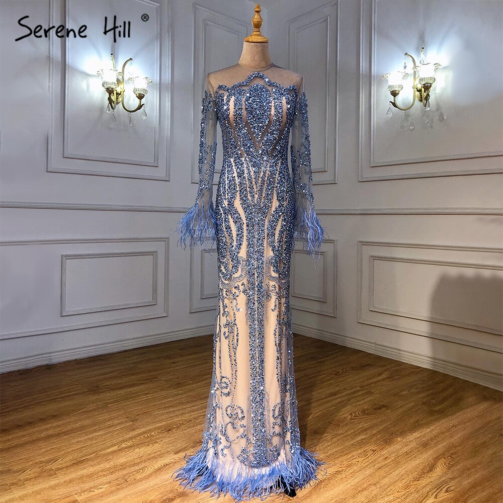 Serene Hill Muslim Blue Detachable Skirt Evening Dresses Gowns 2025 Feathers Beaded Mermaid Luxury For Women Party LA60932A - SERENE HILL