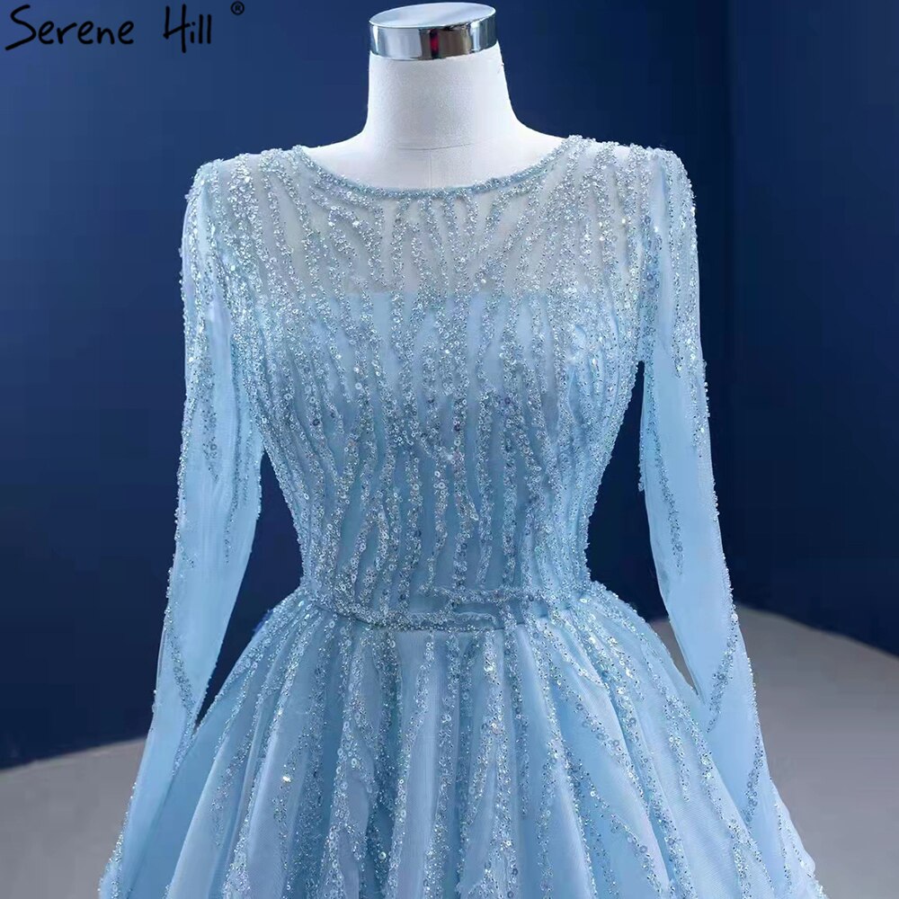 Serene Hill Muslim Blue Luxury Wedding Dresses 2025 Beaded Lace Up High-end Bridal Dress HM67395 Custom Made - SERENE HILL