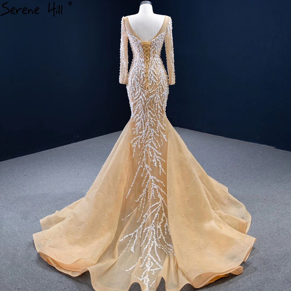 Serene Hill Muslim Champange Mermaid Evening Dresses 2025 Luxury Beading Elegant Party Gowns For Women HM67211 - SERENE HILL