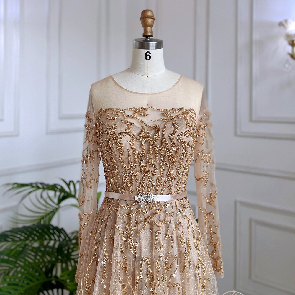 Serene Hill Muslim Gold A Line Lace Beaded Feathers Arabic Luxury Evening Dresses Gowns 2025 For Women Wedding Party LA71935 - SERENE HILL