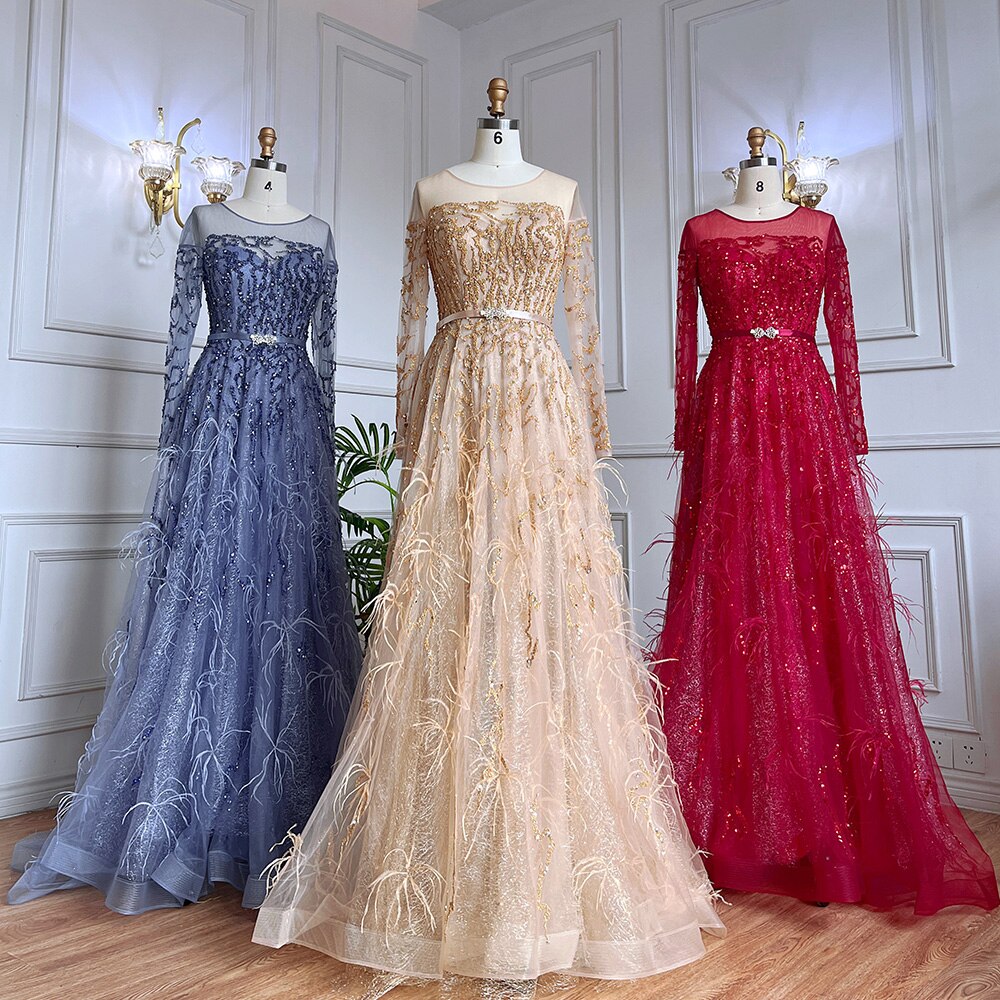 Serene Hill Muslim Gold A Line Lace Beaded Feathers Arabic Luxury Evening Dresses Gowns 2025 For Women Wedding Party LA71935 - SERENE HILL