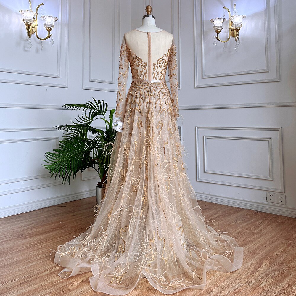 Serene Hill Muslim Gold A Line Lace Beaded Feathers Arabic Luxury Evening Dresses Gowns 2025 For Women Wedding Party LA71935 - SERENE HILL