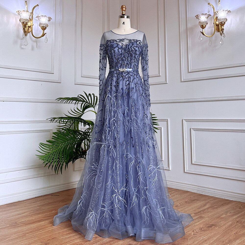 Serene Hill Muslim Gold A Line Lace Beaded Feathers Arabic Luxury Evening Dresses Gowns 2025 For Women Wedding Party LA71935 - SERENE HILL