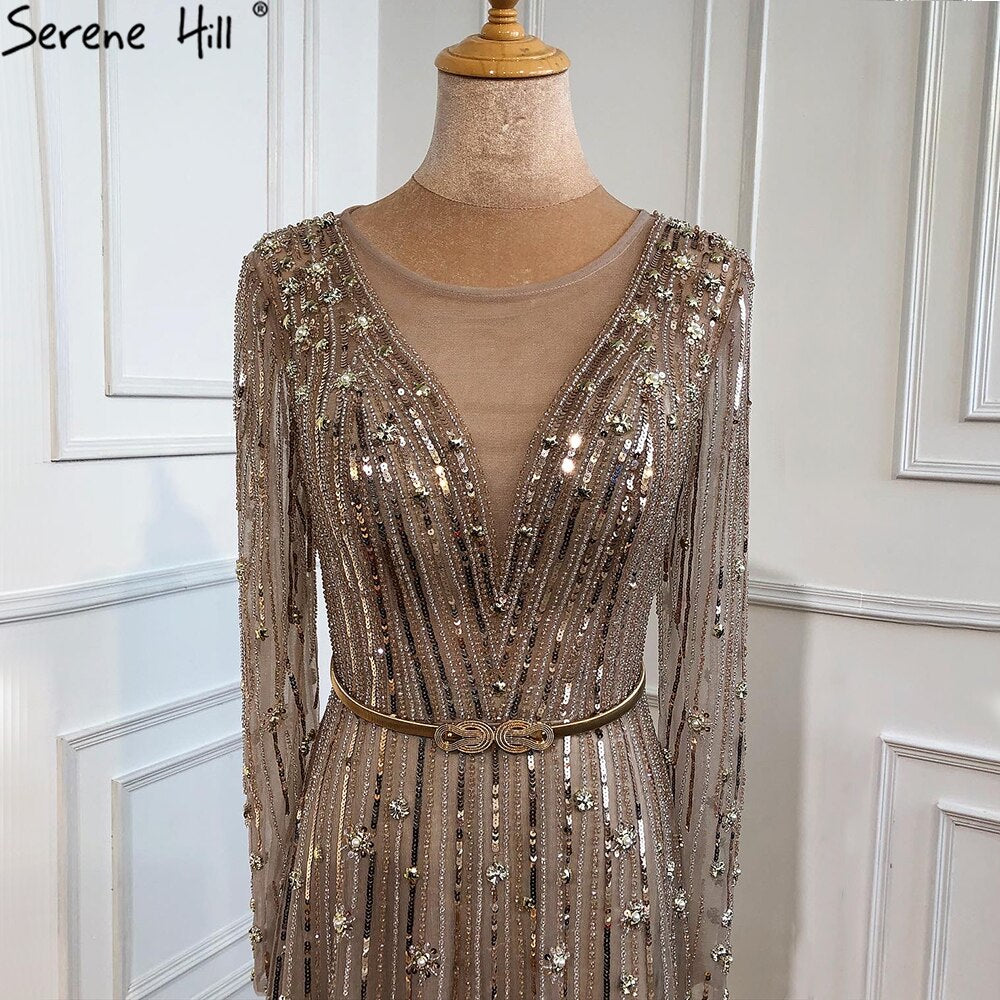 Serene Hill Muslim Gold A-Line Luxury Evening Dresses Gowns 2025 Sparkle Beading Long Sleeves Sexy For Women Party LA70674 - SERENE HILL