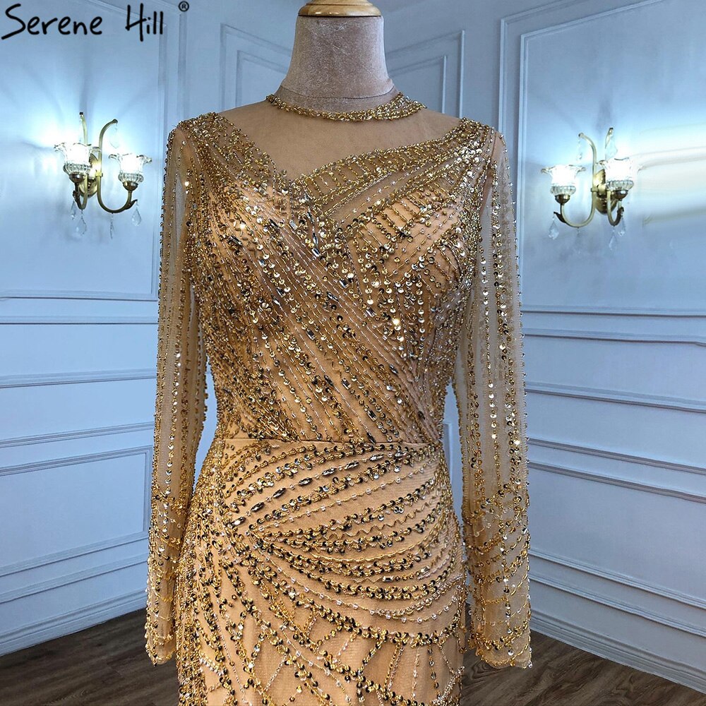 Serene Hill Muslim Gold Mermaid Evening Dresses Gowns 2025 Luxury Elegant Beading Sashes For Women Party LA71140 - SERENE HILL