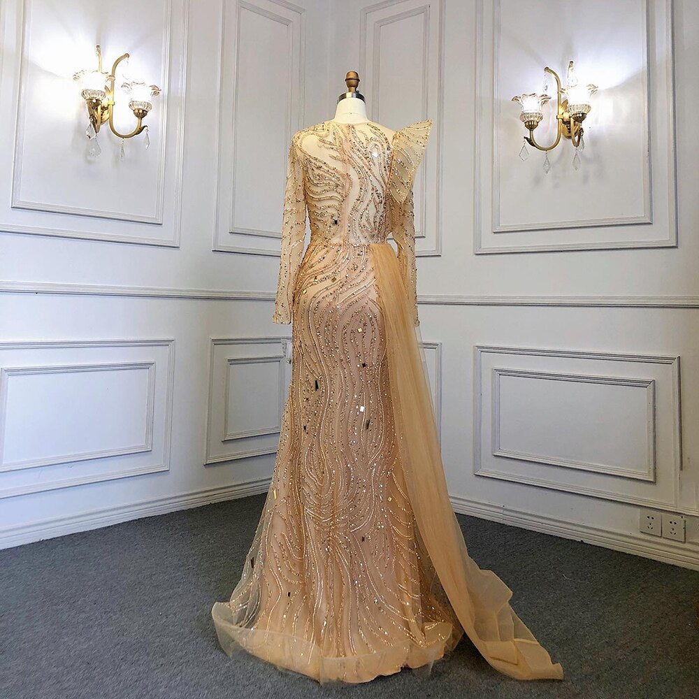 Serene Hill Muslim Gold Overskirt Luxury Evening Dresses Gowns Beaded Meramid Elegant 2025 For Women Party LA71528 - SERENE HILL