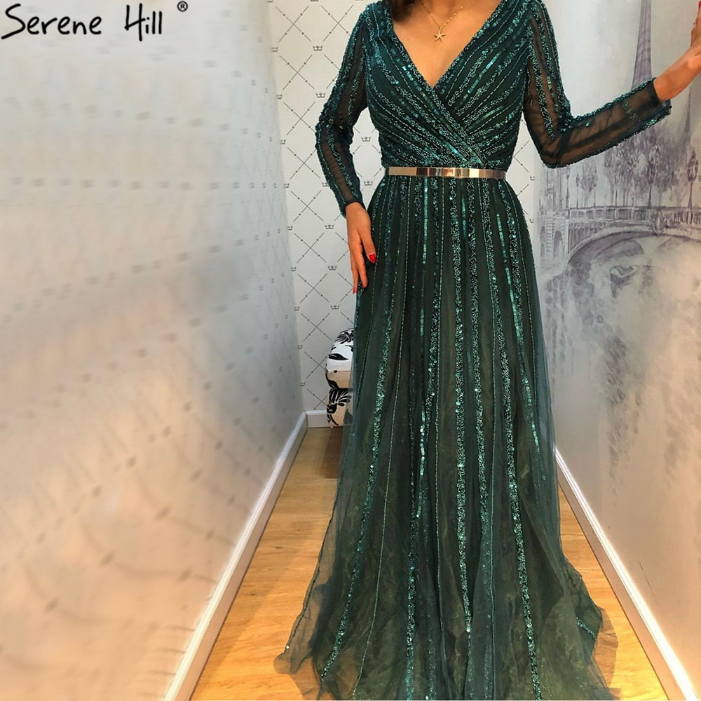 Serene Hill Muslim Green Luxury Elegant Evening Dresses Gowns 2025 Long Sleeves Beading For Women Party LA70790 - SERENE HILL