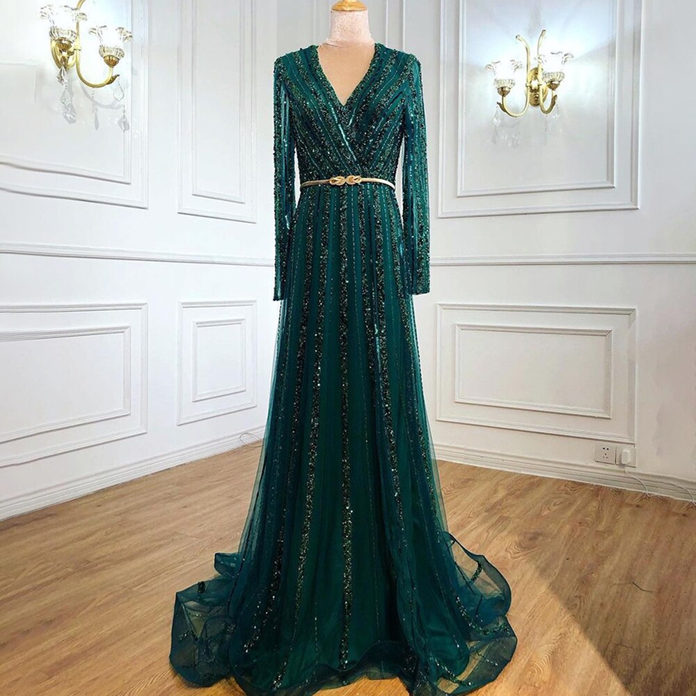 Serene Hill Muslim Green Luxury Elegant Evening Dresses Gowns 2025 Long Sleeves Beading For Women Party LA70790 - SERENE HILL