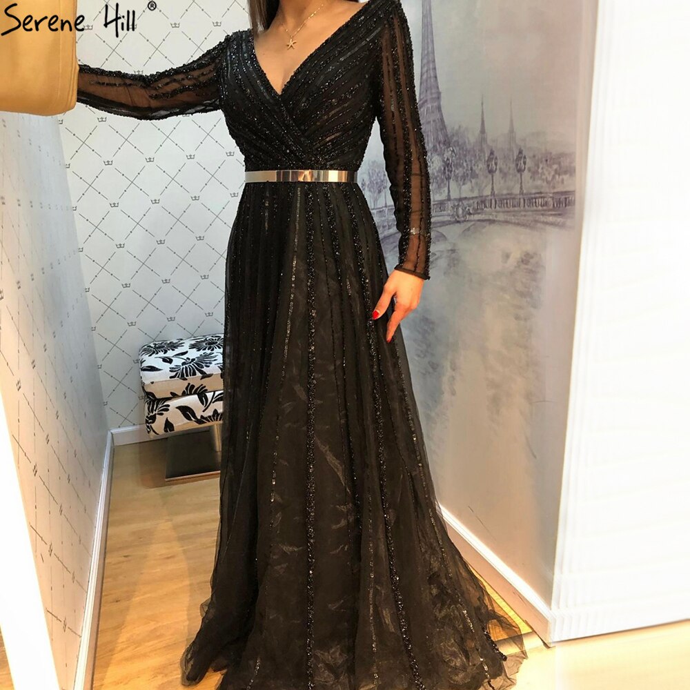 Serene Hill Muslim Green Luxury Elegant Evening Dresses Gowns 2025 Long Sleeves Beading For Women Party LA70790 - SERENE HILL