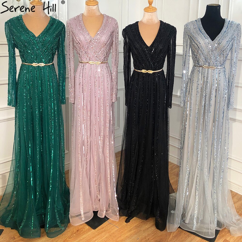 Serene Hill Muslim Green Luxury Elegant Evening Dresses Gowns 2025 Long Sleeves Beading For Women Party LA70790 - SERENE HILL