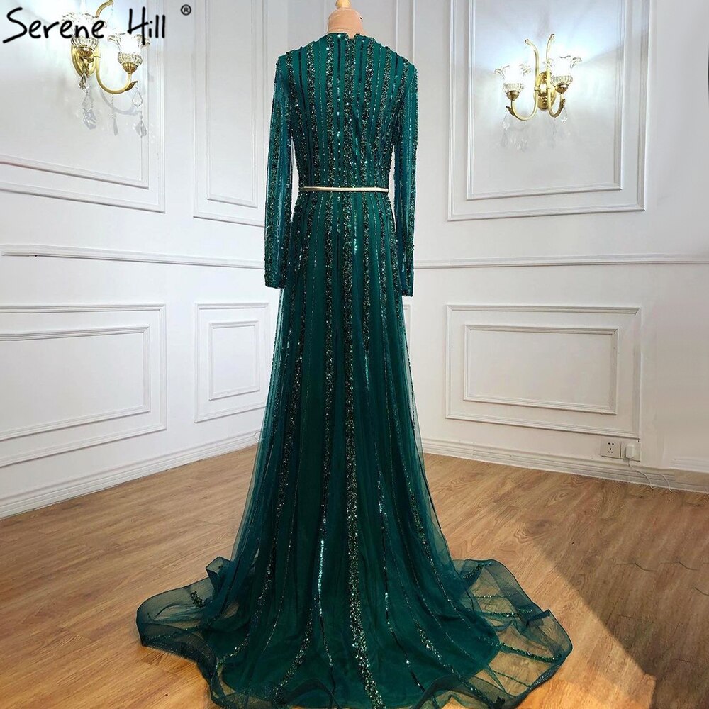 Serene Hill Muslim Green Luxury Elegant Evening Dresses Gowns 2025 Long Sleeves Beading For Women Party LA70790 - SERENE HILL