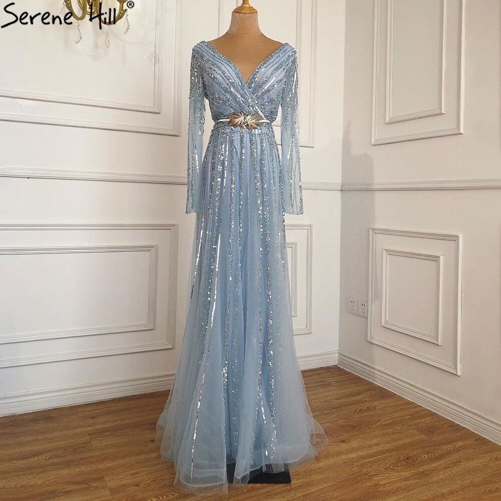 Serene Hill Muslim Green Luxury Elegant Evening Dresses Gowns 2025 Long Sleeves Beading For Women Party LA70790 - SERENE HILL